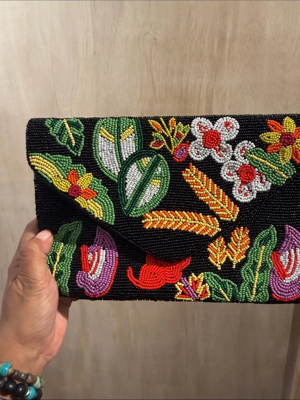 Aratta Black Beaded Floral Envelope Clutch with Multicolor Embroidery